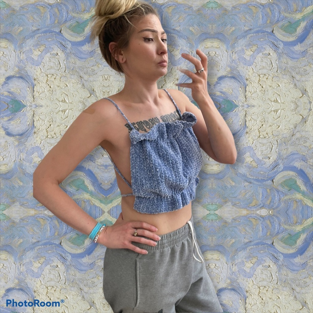 Handmade crocheted baby blue backless halter top